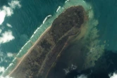 Photo satellite montrant la ville de  Kanokupolu, sur l'île Tongatapu, aux Tonga, le 16 janvier 2022 