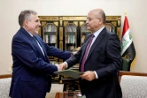 Le président irakien Barham Saleh (d) et le nouveau Premier ministre Mohammed Allawi, le 1er février 2020 à Bagdad