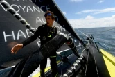 Le navigateur français Charlie Dalin, à bord de son monocoque "Apivia", lors d'une sortie en mer, le 19 juin 2020 au large des côtes de Port-la-Forêt