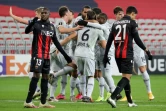 La joie des joueurs du Bayer Leverkusen après leur 2e but marqué contre Nice, lors de leur match de Ligue Europa, le 3 décembre 2020 au stade de l'Allianz Riviera