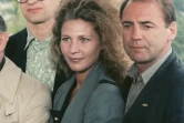 (g-d) le réalisateur Wim Wenders (g), l'actrice Solveig Dommartin c) et l'acteur Bruno Ganz lors de la présentation du film "Les Ailes du désir", le 17 mai 1987 au Festival de Cannes