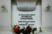 Une plaque indiquant où est conservé le coeur du compositeur polonais Frédéric Chopin, dans l'église baroque de Sainte-Croix, le 20 juin 2008 à Varsovie