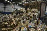 Des cubes de canettes compressées pour le recyclage dans un hangar de l'entreprise Latasa Garimpeiro Urbano, le 26 juin 2023 à Sao Paulo, au Brésil