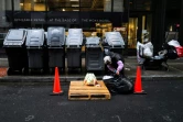 Une femme devant des poubelles à Manhattan à New York, le 20 mars 2024