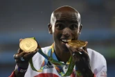 Mo Farah avec ses deux médailles d'or remportées aux Jeux olympiques de Rio sur 5.000 et 10.000 m le 20 août 2016