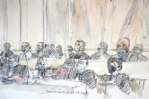 Croquis d'audience réalisé le 2 septembre 2020 montre les accusés et leurs avocats à l'ouverture du procès à Paris des attentats de janvier 2015