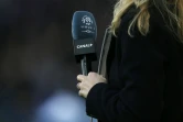 Photo d'archives prise le 19 décembre 2015 montrant une journaliste tenant un micro portant le logo de la première division frnaçaise de football et de la chaîne Canal Plus