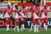 Le milieu de terrain portugais de Monaco, Gelson Martins (2e g), félicité par ses coéquipiers, après avoir marqué le 3e but à domicile face à Metz, lors de la 17e journée de Ligue 1, le 5 décembre 2021 au Stade Louis-II