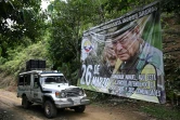 Le portrait du défunt chef et fondateur des Forces armées révolutionnaires de Colombie (Farc), Manuel Marulanda Velez, dans le canyon de Micay, le 26 mars 2024 en Colombie