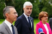 Les Républicains Bruno Retailleau, Laurent Wauquiez et Annie Genevard après une rencontre à l'Elysée avec le président Emmanuel Macron le 23 août 2024 à Paris