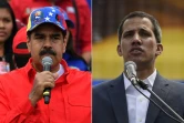 Combinaison de photos montrant Nicolas Maduro et Juan Guaido s'adressant à leurs partisans respectifs le 2 février 2019