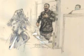Croquis d'audience de Mohamed Abrini lors du procès des attentats du 13-Novembre, le 13 avril 2022 à la cour d'assises spéciale de Paris