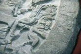 Détail d'un autel vieux de 1.500 ans récemment découvert sur un site archéologique du nord du Guatemala, au musée d'archéologie et d'ethnologie de Guatemala city, le 12 septembre 2018