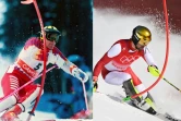 Montage photo des Autrichiens Hubert Strolz (g), le 17 février 1988 aux Jeux olympiques de Calgary, et de son fils, Johannes Ewald, lors du combiné, le 10 février 2022 aux Jeux de Pékin, tous les deux champions olympiques du combiné