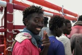 Des migrants qui viennent d'être recueillis à bord du navire Ocean Viking, affrêté par SOS Méditerranée et MSF, le 10 août 2019, en mer Méditerranée.