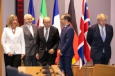 La cheffe de la diplomatie européenne Federica Mogherini avec, de gauche à droite, les ministres des Affaires étrangères iranien, Mohammad Javad Zarif, français Jean-Yves Le Drian, allemand Heiko Maas et britannique Boris Johnson, le 15 mai 2018 à Bruxelles