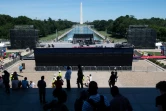 Installation d'une scène et d'enceintes, le 1er juillet 2019 à Washington, lors des préparatifs pour la fête de l'indépendance du 4 juillet 