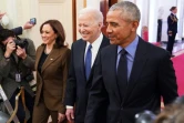 De g. à d.: Kamala Harris, Joe Biden et Barack Obama, à la Maison Blanche, à Washington, le 15 avril 2022