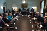 Le président américain Donald Trump (D) face à la chancelière allemande Angela Merkel lors de la réunion à la Maison Blanche, le 17 mars 2017 à Washington 