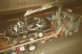 L'épave de la voiture accidentée où se trouvait Lady Diana après l'accident dans le tunnel de l'Alma à Paris le 31 août 1997