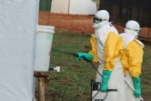 Opération de désinfection au centre de traitement d'Ebola  le 5 octobre 2014 à Lokolia en RDC