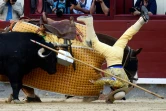 Un picador tombe de son cheval pendant la feria San Isidro, dans l'arène de Las Ventas à Madrid, le 15 mai 2019