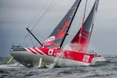 Le navigateur Damien Seguin, à bord de son monocoque "Groupe Apicil", le 4 juillet 2020 au large des Sables-d'Olonne