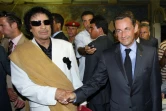 Nicolas Sarkozy et Mouammar Khadafi lors d'une visite du chef de l'Etat français à Tripoli, le 25 juillet 2007