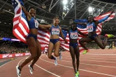 Les relayeuses américaines: Aaliyah Brown, Allyson Felix, Tori Bowie et Morolake Akinosun, sont les reines du 4x100 m à Londres, le 12 août 2017