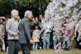L'empereur du Japon  Akihito (D) et l'impératrice Michiko (G) dans un jardin de Kyoto le 27 mars 2019