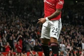L'attaquant anglais de Manchester United Jadon Sancho après avoir inscrit le premier but contre Liverpool, le 22 août 2022 lors d'un match de la 3e journée de Premier League. 