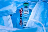 Photo d'une figurine du père Noël près d'une fiole indiquant "Vaccine Covid-19" parmi des masques chirurgicaux, prise à Paris le 17 décembre 2020