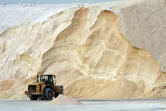 Un bulldozer s'affaire devant un tas de sel, à Chelsea dans le Massachusetts aux Etats-Unis, le 28 janvier 2022