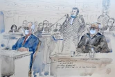 Croquis d'audience réalisé le 19 janvier 2021 montrant l'ancien Premier ministre Edouard Balladur (G) et son ancien ministre de la Défense François Léotard (D) devant la Cour de Justice  de la République à Paris