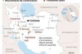 Carte localisant les mouvements de contestation et les décès liés aux manifestations, en Iran

