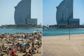 La plage de Barceloneta, à Barcelone, le 21 août 2017 (gauche), et le 13 mai 2020 (droite)