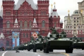 Des chars russes lors de la Parade annuelle du Jour de la victoire sur l'Allemagne nazie, le 9 mai 2021 à Moscou