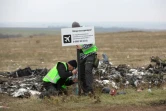 Des enquêteurs néerlandais placent un panneau devant des débris du vol MH17 près du village de Grabove, dans l'est séparatiste de l'Ukraine, le 11 novembre 2014