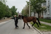 Un homme cherche à se réfugier avec son cheval pendant un bombardement à Severodonetsk, dans l'est de l'Ukraine, le 18 mai 2022