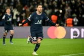La star du PSG Lionel Messi célèbre son 2e but personnel contre Bruges en Ligue des champions au Parc des Princes, le 7 décembre 2021 
