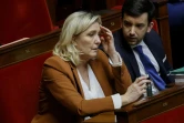 La présidente du groupe Rassemblement national Marine Le Pen (g), est assise à côté du député RN Jean-Philippe Tanguy (d) à l'Assemblée nationale, à Paris, le 13 mars 2023