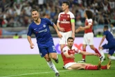L'attaquant belge de Chelsea Eden Hazard (g) vient de marquer contre Arsenal en finale de la Ligue Europa, le 29 mai 2019 à Bakou 