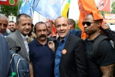 Laurent Berger (d) avec Philippe Martinez, numéro un de la CGT (c), et Pascal Pavageau, numéro un de FO (g), le 22 mai 2018 à Paris lors d'une manifestation de fonctionnaires