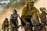 Le Britannique Chris Froome (g) derrière son équipier maillot jaune Geraint Thomas dans l'ascension de l'Alpe d'Huez lors de la 12e étape du Tour de France, le 19 juillet 2018 