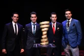 L'Espagnol Alberto Contador, l'Italien Fabio Aru, son compatriote Vincenzo Nibali et le tenant du titre néerlandais Tom Dumoulin, lors de la présentation officielle du Giro-2018 à Milan 
