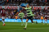 L'attaquant norvégien de Manchester City Erling Haaland célèbre un but lors d'un match de Premier League contre Aston Villa, le 3 septembre 2022 à Birmingham. 