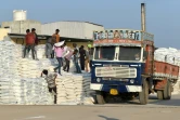 Des paludiers chargent un camion de sacs de sel, le 8 janvier 2021 à Kharaghoda, en Inde