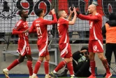 L'attaquant de Brest, Ludovic Ajorque (droite), félicité par ses coéquipiers après son but sur la pelouse du Havre, lors de la 19e journée de L1, le 26 janvier 2025