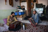 Le musicien Sayed Mohammad (D), joueur de japani, instrument à cordes traditionnel d'Asie centrale, répète le 8 juin 2021 avec le joueur d'harmonium Ghulam Mohammad, dans son studio de Kandahar, dans le Sud de l'Afghanistan