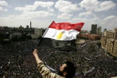 Un manifestant brandit le 8 avril 2011 un drapeau égyptien alors que des dizaines de milliers de personnes sont regroupées sur la place Tahrir, deux mois après la chute de Moubarak